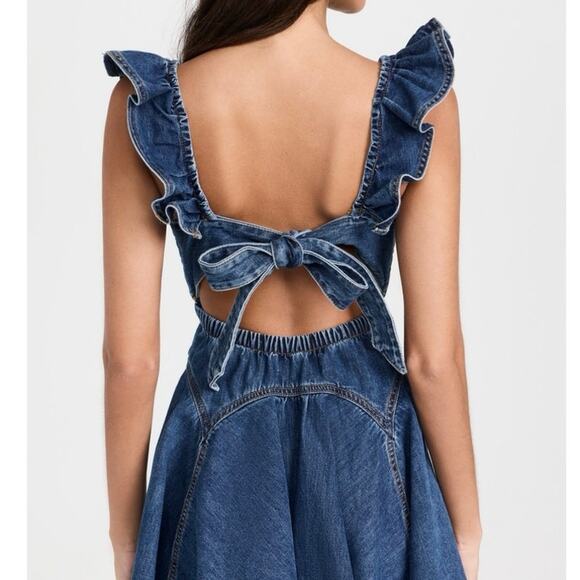 Self-portrait denim ruffle dress mini flirty open back with bow size 4 feminine - Picture 2 of 11